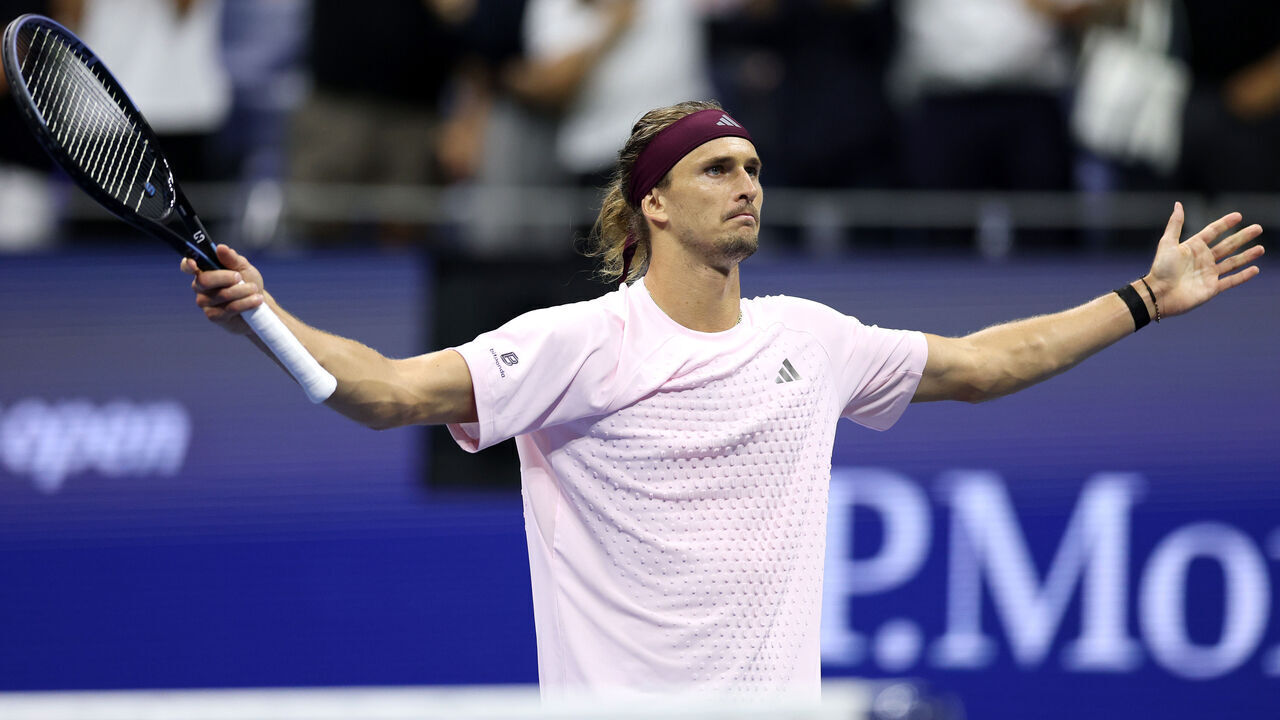 NEW YORK, NEW YORK - SEPTEMBER 01: Alexander Zverev of Germany celebrates match point against Lorenzo Sonego of Italy during their Men's Singles First Round match on Day Three of the 2026 US Open at USTA Billie Jean King National Tennis Center on September 01, 2026 in the Flushing neighborhood of the Queens borough of New York City.