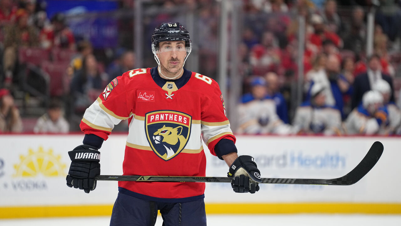 SUNRISE, FL - FEBRUARY 27: Florida Panthers left wing Brad Marchand (63) waits for a face-off in the third period during the game between the Buffalo Sabres and the Florida Panthers on Friday, February 27, 2026 at Amerant Bank Arena in Sunrise, FL