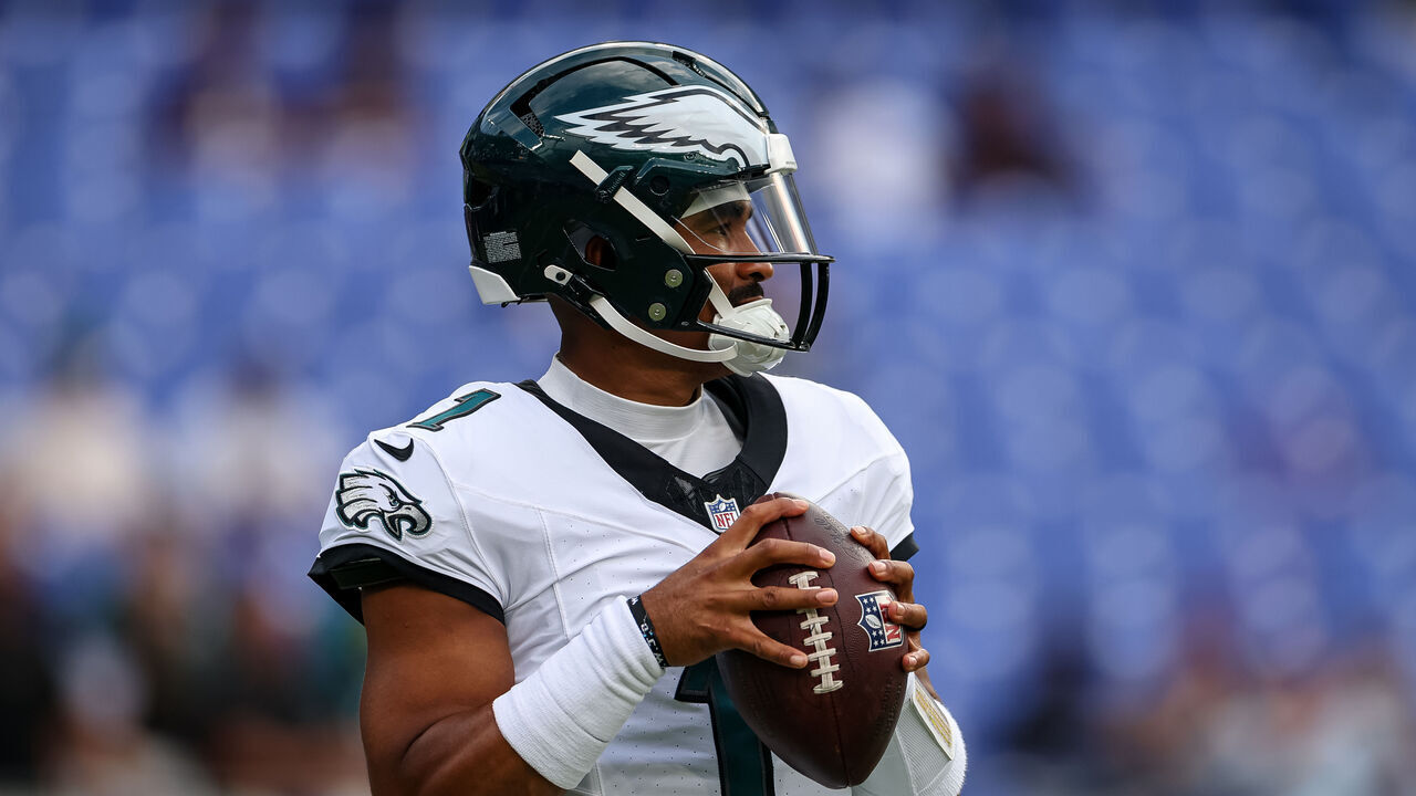 BALTIMORE, MD - AUGUST 15: Jalen Hurts #1 of the Philadelphia Eagles attempts a pass before a preseason game against the Baltimore Ravens at M&T Bank Stadium on August 15, 2026 in Baltimore, Maryland.