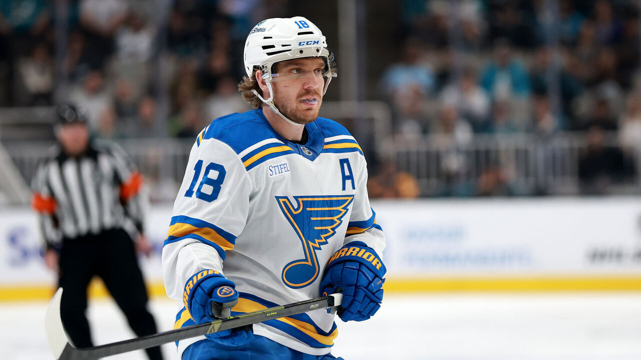 SAN JOSE, CALIFORNIA - MARCH 30: Robert Thomas #18 of the St. Louis Blues in action against the San Jose Sharks at SAP Center on March 30, 2026 in San Jose, California.