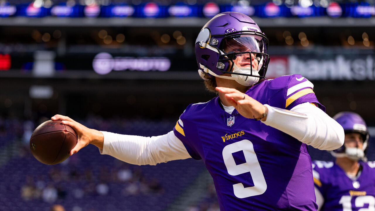 MINNEAPOLIS, MINNESOTA - AUGUST 22: J.J. McCarthy #9 of the Minnesota Vikings warms up before an NFL football game against the Baltimore Ravens at U.S. Bank Stadium on August 22, 2026 in Minneapolis, Minnesota.