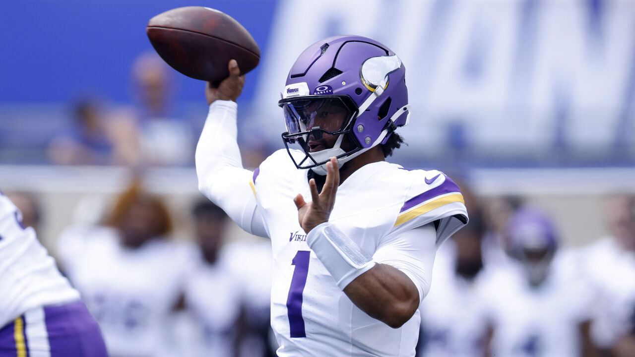 EAST RUTHERFORD, NEW JERSEY - AUGUST 15: Kyler Murray #1 of the Minnesota Vikings passes the ball against the New York Giants during a pre-season game at MetLife Stadium on August 15, 2026 in East Rutherford, New Jersey.