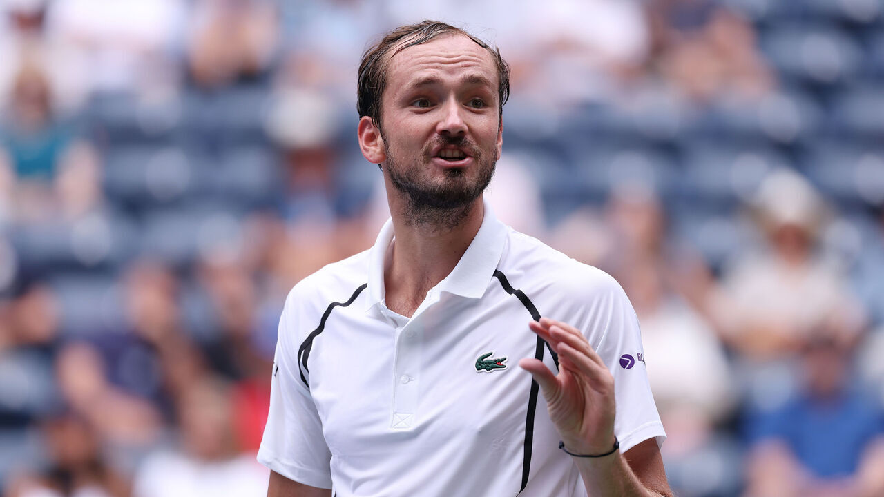 NEW YORK, NEW YORK - SEPTEMBER 02: Daniil Medvedev reacts against Sebastian Gorzny of the United States during their Men's Singles Second Round match on Day Four of the 2026 US Open at USTA Billie Jean King National Tennis Center on September 02, 2026 in the Flushing neighborhood of the Queens borough of New York City.