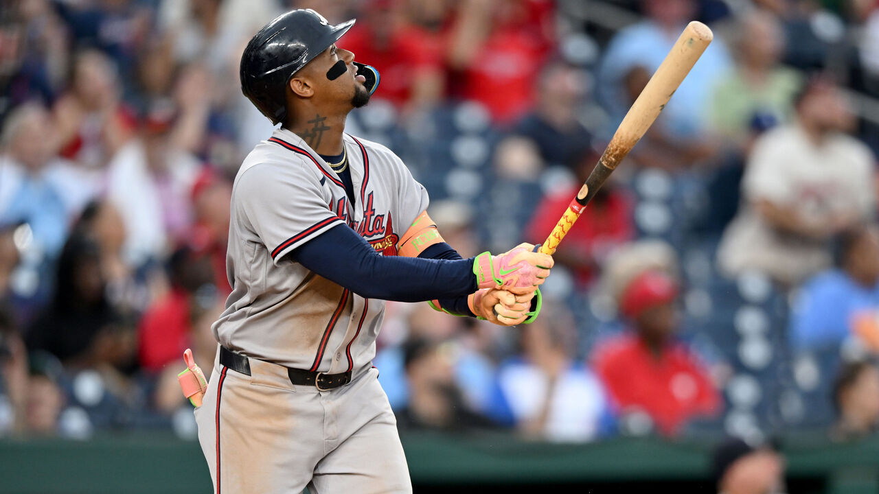 WASHINGTON, DC - SEPTEMBER 02: Ronald Acuña Jr. #13 of the Atlanta Braves hits a three-run home run in the seventh inning against the Washington Nationals at Nationals Park on September 02, 2026 in Washington, DC.