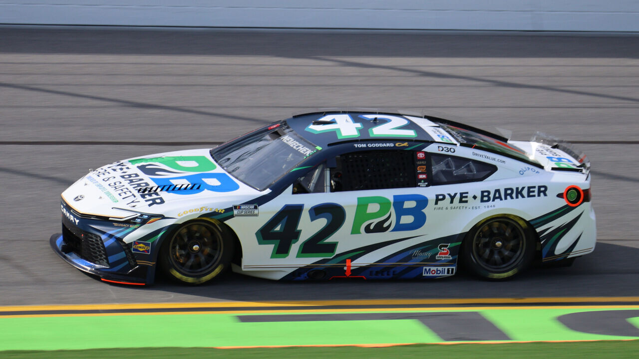 DAYTONA BEACH, FL - AUGUST 28: John Hunter Nemechek (#42 LEGACY MOTOR CLUB Pye-Barker Fire & Safety Toyota) runs in qualifying for the NASCAR Cup Series Coke Zero Sugar 400 on August 28, 2026 at Daytona International Speedway in Daytona Beach, FL.