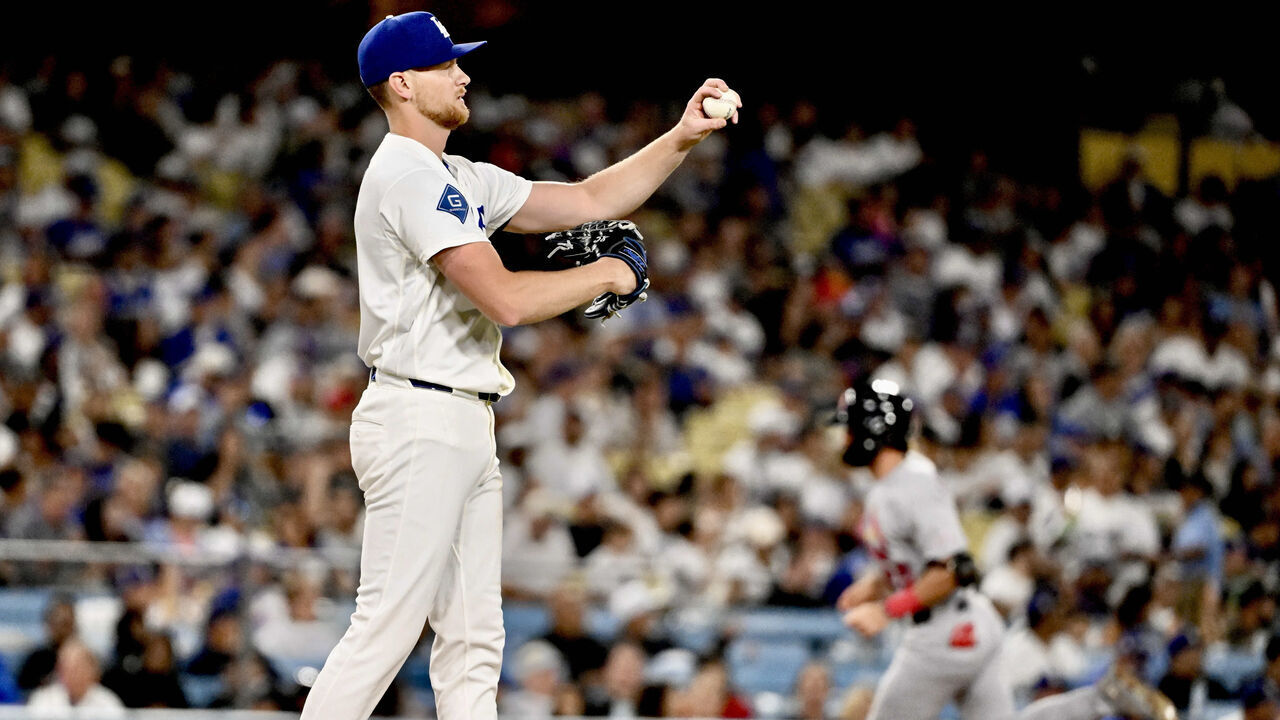 Los Angeles, - September 01: Starting pitcher Eric Lauer #33 of the Los Angeles Dodgers reacts after giving up a solo home run to Thomas Saggese #25 of the St. Louis Cardinals in the second inning of a baseball game at Dodger Stadium in Los Angeles on Tuesday, September 1, 2026.