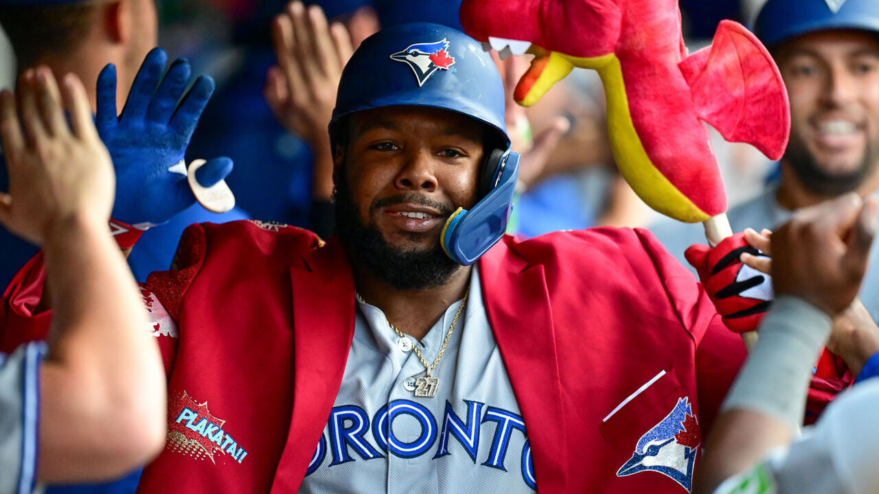 CLEVELAND, OHIO - SEPTEMBER 02: Vladimir Guerrero Jr. #27 of the Toronto Blue Jays celebrates with teammates after hitting a three-run home run during the second inning against the Cleveland Guardians at Progressive Field on September 02, 2026 in Cleveland, Ohio.