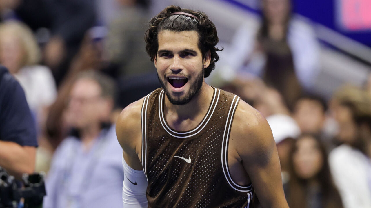 NEW YORK, NEW YORK - SEPTEMBER 02: Carlos Alcaraz celebrates after winning his Men's Singles match on Day Four of the 2026 US Open at USTA Billie Jean King National Tennis Center on Wednesday, September 2, 2026 in Flushing, NY.