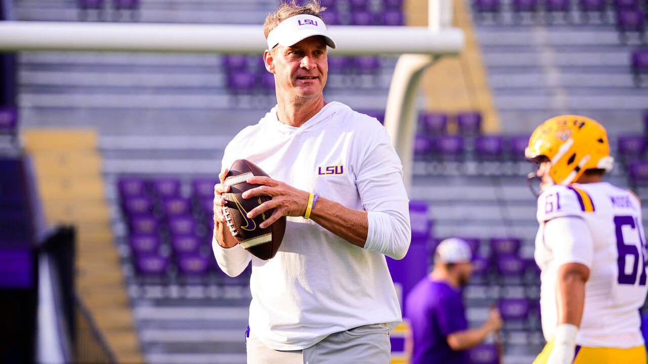 BATON ROUGE, LOUISIANA - AUGUST 29: Head coach Lane Kiffin of the LSU Tigers in action during fall practice at Tiger Stadium on August 29, 2026 in Baton Rouge, Louisiana.