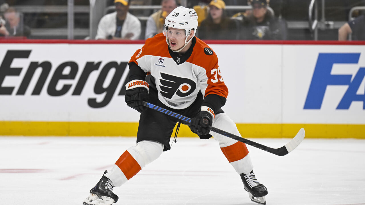 PITTSBURGH, PA - APRIL 18: Philadelphia Flyers right wing Matvei Michkov (39) skates during the first period of the Philadelphia Flyers versus Pittsburgh Penguins in Game One of the 2026 NHL Stanley Cup Playoffs First Round on April 18, 2026, at PPG Paints Arena in Pittsburgh, PA.