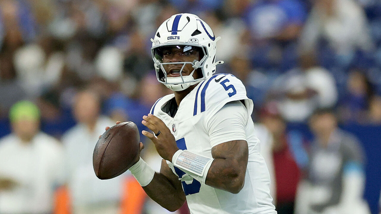 INDIANAPOLIS, INDIANA - AUGUST 29: Anthony Richardson Sr. #5 of the Indianapolis Colts throws a pass against the Detroit Lions during the preseason game at Lucas Oil Stadium on August 29, 2026 in Indianapolis, Indiana.