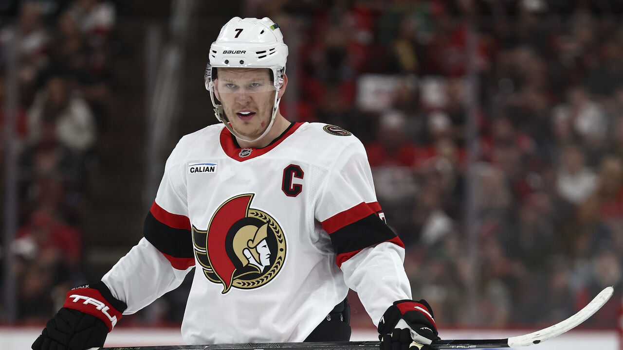 RALEIGH, NORTH CAROLINA - APRIL 18: Brady Tkachuk #7 of the Ottawa Senators looks on during the first period of the game against the Carolina Hurricanes at Lenovo Center on April 18, 2026 in Raleigh, North Carolina.