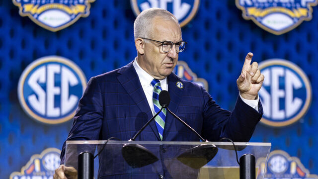 TAMPA, FLORIDA - JULY 20: SEC Commissioner Greg Sankey speaks at the SEC Football Media Day at Tampa Marriott Water Street on July 20, 2026 in Tampa, Florida.