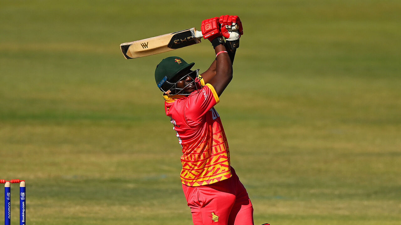 HARARE, ZIMBABWE - JUNE 26: Innocent Kaia of Zimbabwe plays a shot during the ICC Men's Cricket World Cup Qualifier Zimbabwe 2023 match between Zimbabwe and USA at Harare Sports Club on June 26, 2023 in Harare, Zimbabwe.