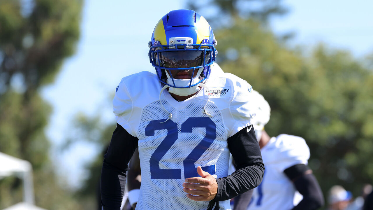 LOS ANGELES, CALIFORNIA - JULY 31: Trent McDuffie #22 of the Los Angeles Rams warms up during the Los Angeles Rams Training Camp at Loyola Marymount University on July 31, 2026 in Los Angeles, California.