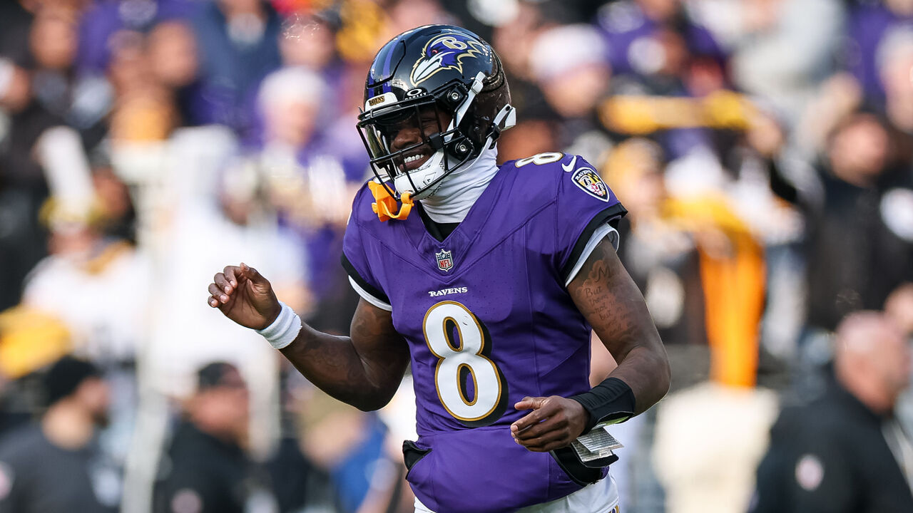 BALTIMORE, MD - DECEMBER 07: Lamar Jackson #8 of the Baltimore Ravens reacts during the first half against the Pittsburgh Steelers at M&T Bank Stadium on December 7, 2025 in Baltimore, Maryland.