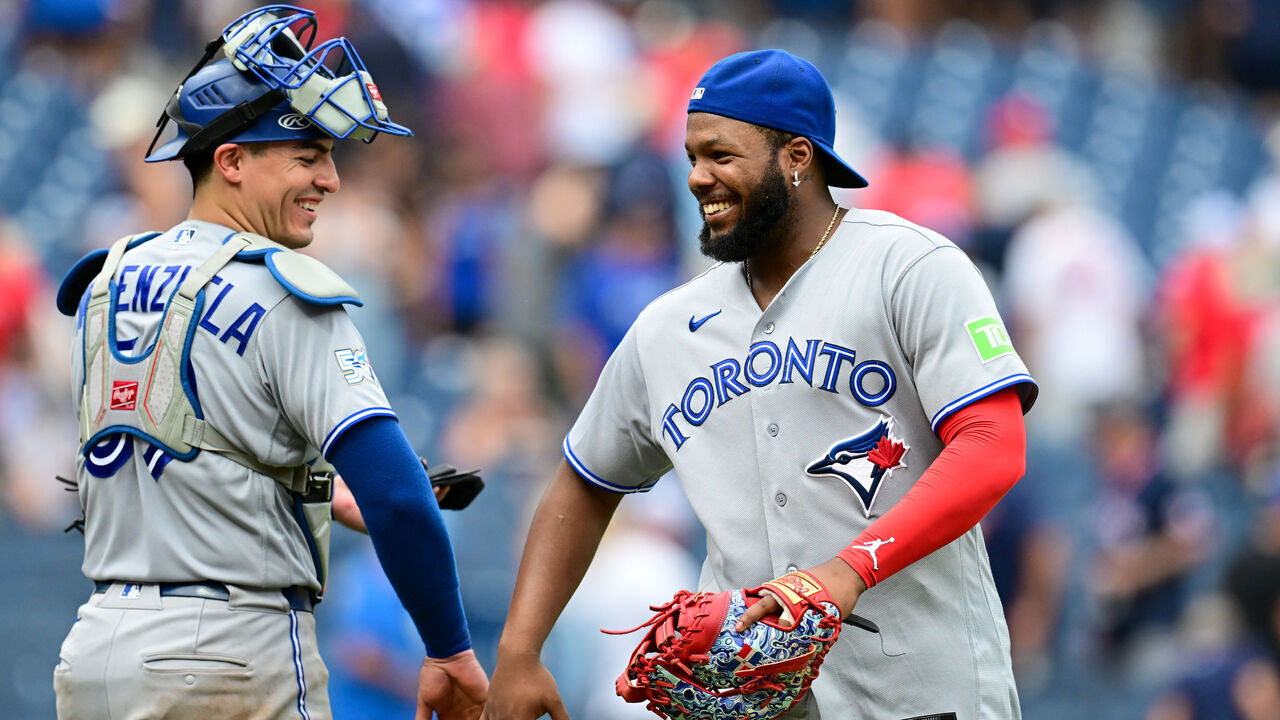 CLEVELAND, OHIO - SEPTEMBER 03: Brandon Valenzuela #59 and Vladimir Guerrero Jr. #27 of the Toronto Blue Jays celebrate the team's 6-3 win over the Cleveland Guardians at Progressive Field on September 03, 2026 in Cleveland, Ohio.