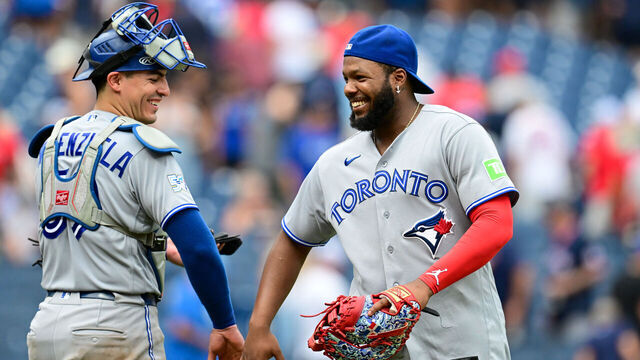 CLEVELAND, OHIO - SEPTEMBER 03: Brandon Valenzuela #59 and Vladimir Guerrero Jr. #27 of the Toronto Blue Jays celebrate the team's 6-3 win over the Cleveland Guardians at Progressive Field on September 03, 2026 in Cleveland, Ohio.