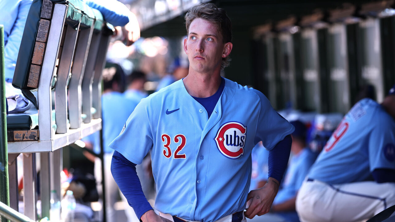 CHICAGO, ILLINOIS - JUNE 19: Ben Brown #32 of the Chicago Cubs looks on after being replaced during the seventh inning against the Toronto Blue Jays at Wrigley Field on June 19, 2026 in Chicago, Illinois.