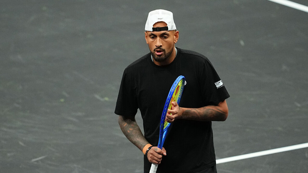 LAS VEGAS, NEVADA - MARCH 01: Nick Kyrgios of Australia looks on between points during his round one match against Alexander Bublik of Kazakhstan in The MGM Slam at T-Mobile Arena on March 01, 2026 in Las Vegas, Nevada.