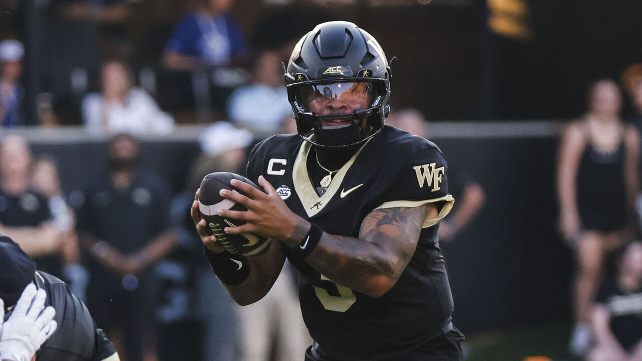 WINSTON-SALEM, NORTH CAROLINA - SEPTEMBER 3: Wake Forest Demon Deacons quarterback Gio Lopez #3 holds the football during the first half of the game against Akron Zips at Allegacy Federal Credit Union Stadium on September 3, 2026 in Winston-Salem, North Carolina.
