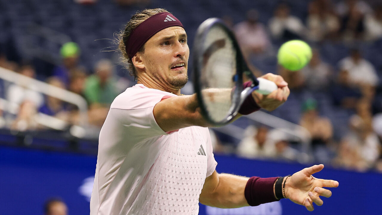 NEW YORK, NEW YORK - SEPTEMBER 03: Alexander Zverev hits a forehand against Quentin Halys during a Men's Singles match on Day Five of the 2026 US Open at USTA Billie Jean King National Tennis Center on Thursday, September 3, 2026 in Flushing, NY.