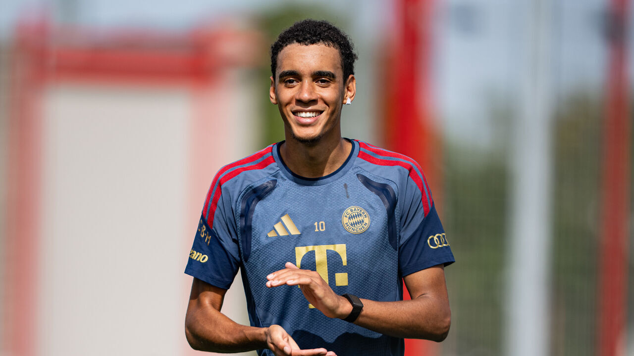 MUNICH, GERMANY - AUGUST 27: Jamal Musiala of FC Bayern Muenchen during a training session at Saebener Strasse training ground on August 27, 2026 in Munich, Germany.