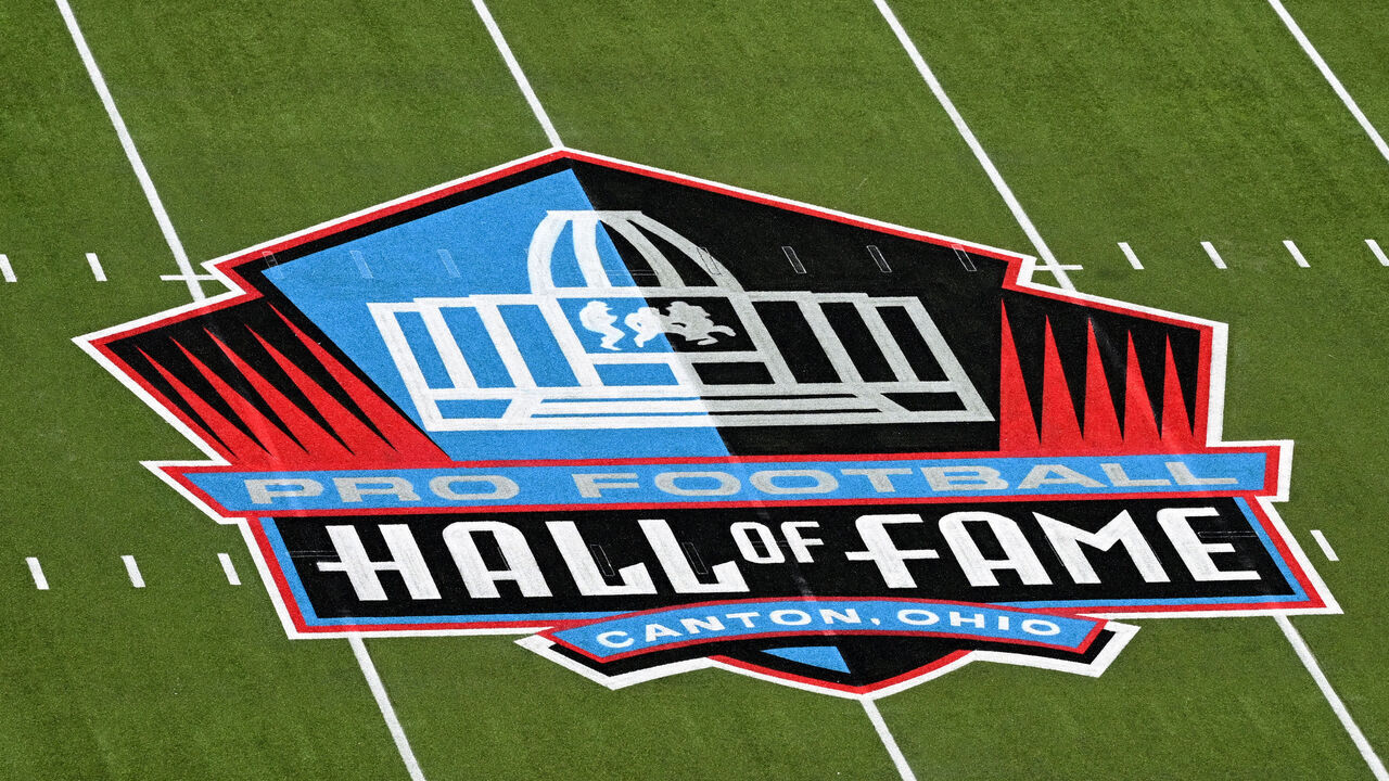 CANTON, OHIO - AUGUST 06: A view of the Pro Football Hall of Fame logo at midfield prior to the 2026 Pro Football Hall of Fame Game between the Carolina Panthers and the Arizona Cardinals at Tom Benson Hall Of Fame Stadium on August 06, 2026 in Canton, Ohio.