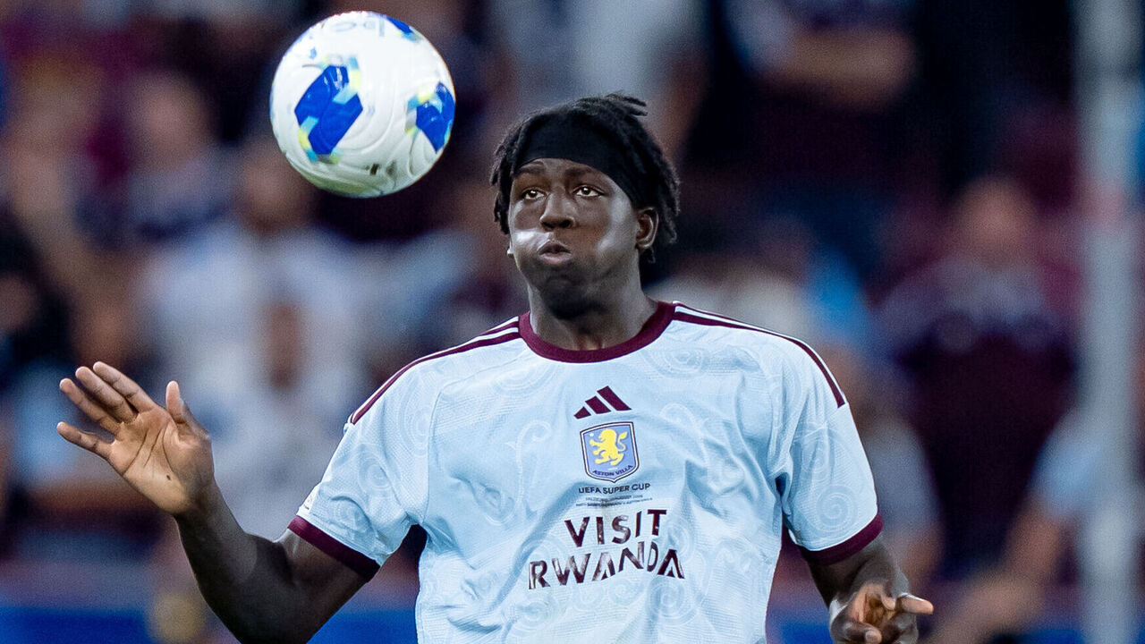 Brian Madjo of Aston Villa FC controls the ball during the UEFA Super Cup Final match between Paris Saint-Germain FC and Aston Villa FC at Salzburg Stadium on August 12, 2026 in Salzburg, Austria