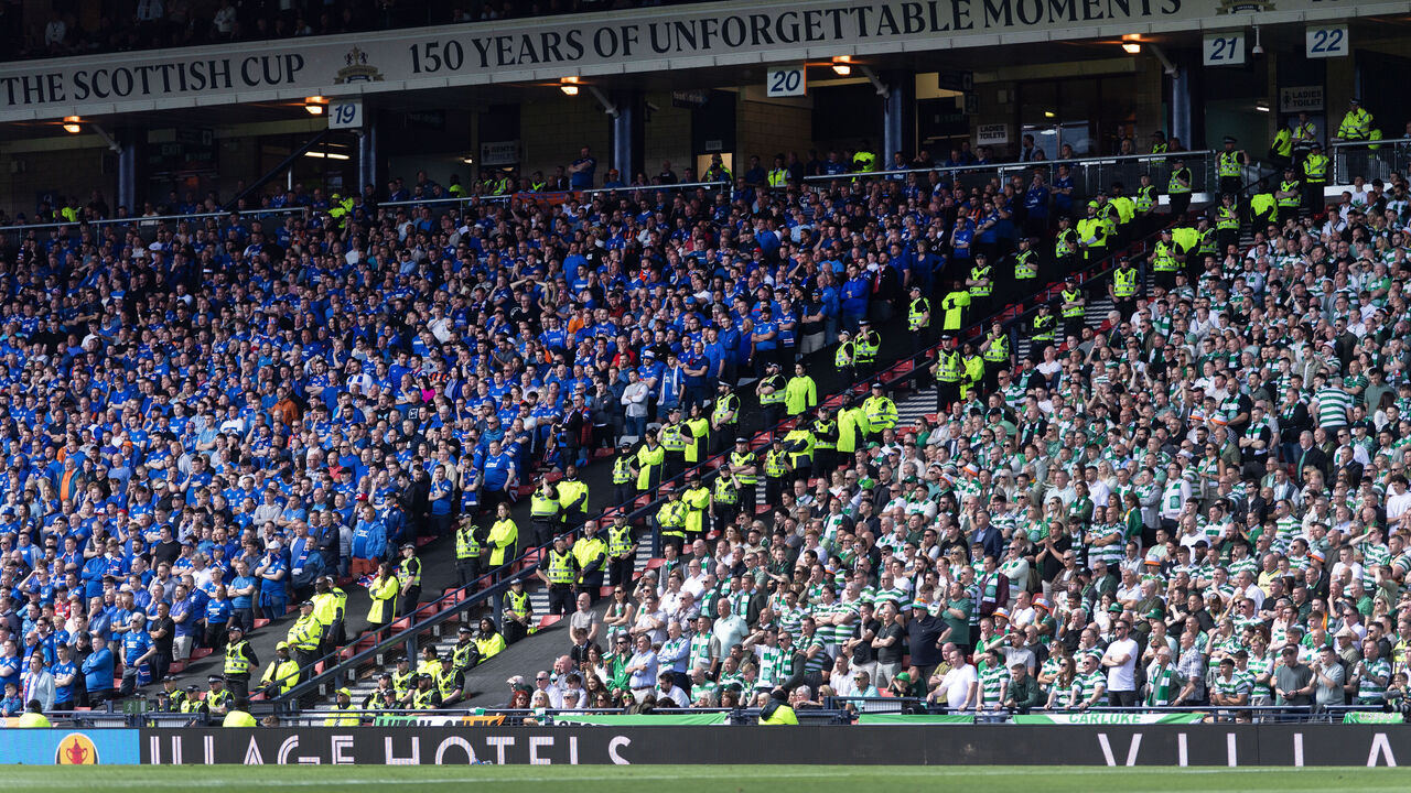 GLASGOW, SCOTLAND - MAY 25: Glasgow Celtic FC and Glasgow Rangers fans during the Scottish Gas Mens Scottish Cup Final between Celtic and Rangers at Hampden Park on May 25, 2024 in Glasgow, Scotland.