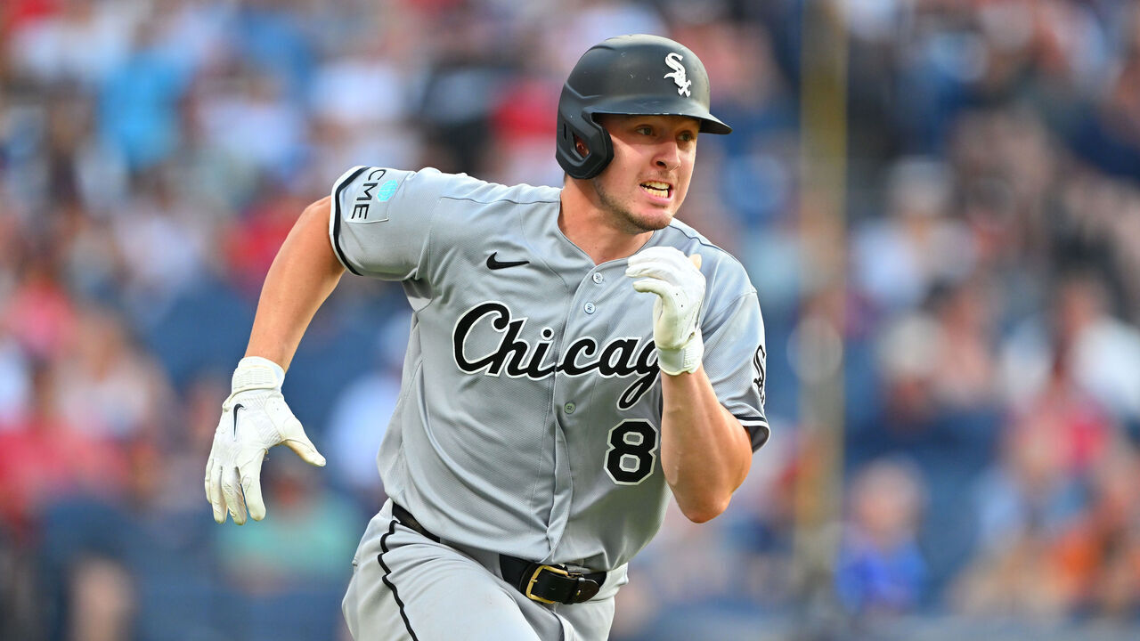 CLEVELAND, OHIO - JULY 02: Kyle Teel #8 of the Chicago White Sox runs out a two-RBI double during the fifth inning against the Cleveland Guardians at Progressive Field on July 02, 2026 in Cleveland, Ohio.