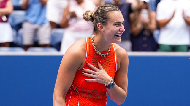 NEW YORK, NEW YORK - SEPTEMBER 04: Aryna Sabalenka is interview by Kondo Simfukwe after a Women's Singles match on Day Six of the 2026 US Open at USTA Billie Jean King National Tennis Center on Friday, September 4, 2026 in Flushing, NY.