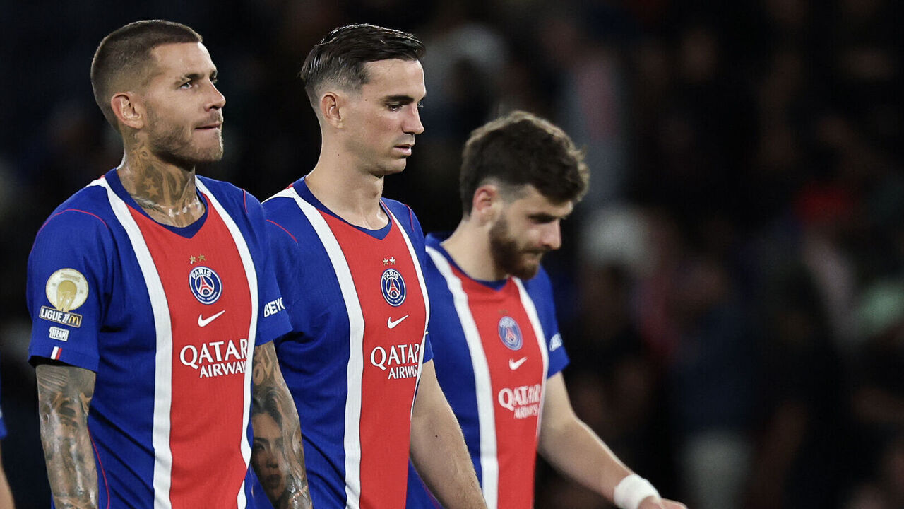 (From L) Paris Saint-Germain's French defender #21 Lucas Hernandez, Paris Saint-Germain's Spanish midfielder #08 Fabian Ruiz and Paris Saint-Germain's Georgian forward #07 Khvicha Kvaratskhelia react after their defeat at the end of the French L1 football match between Paris Saint-Germain (PSG) and AS Monaco at the Parc des Princes stadium in Paris on September 4, 2026.