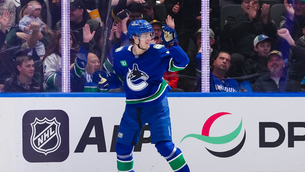 VANCOUVER, CANADA - APRIL 14: Zeev Buium #24 of the Vancouver Canucks celebrates after scoring a goal against the Los Angeles Kings during the second period of their NHL game at Rogers Arena on April 14, 2026 in Vancouver, British Columbia, Canada.