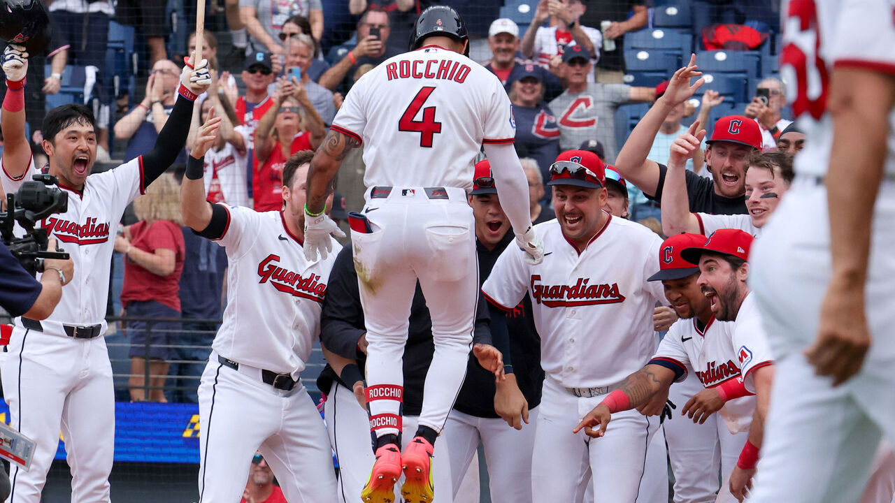 CLEVELAND, OH - SEPTEMBER 04: Cleveland Guardians shortstop Brayan Rocchio (4) celebrates with teammates after hitting a walk-off home run during the ninth inning of game 1 of the Major League Baseball doubleheader between the Detroit Tigers and Cleveland Guardians on September 4, 2026, at Progressive Field in Cleveland, OH.