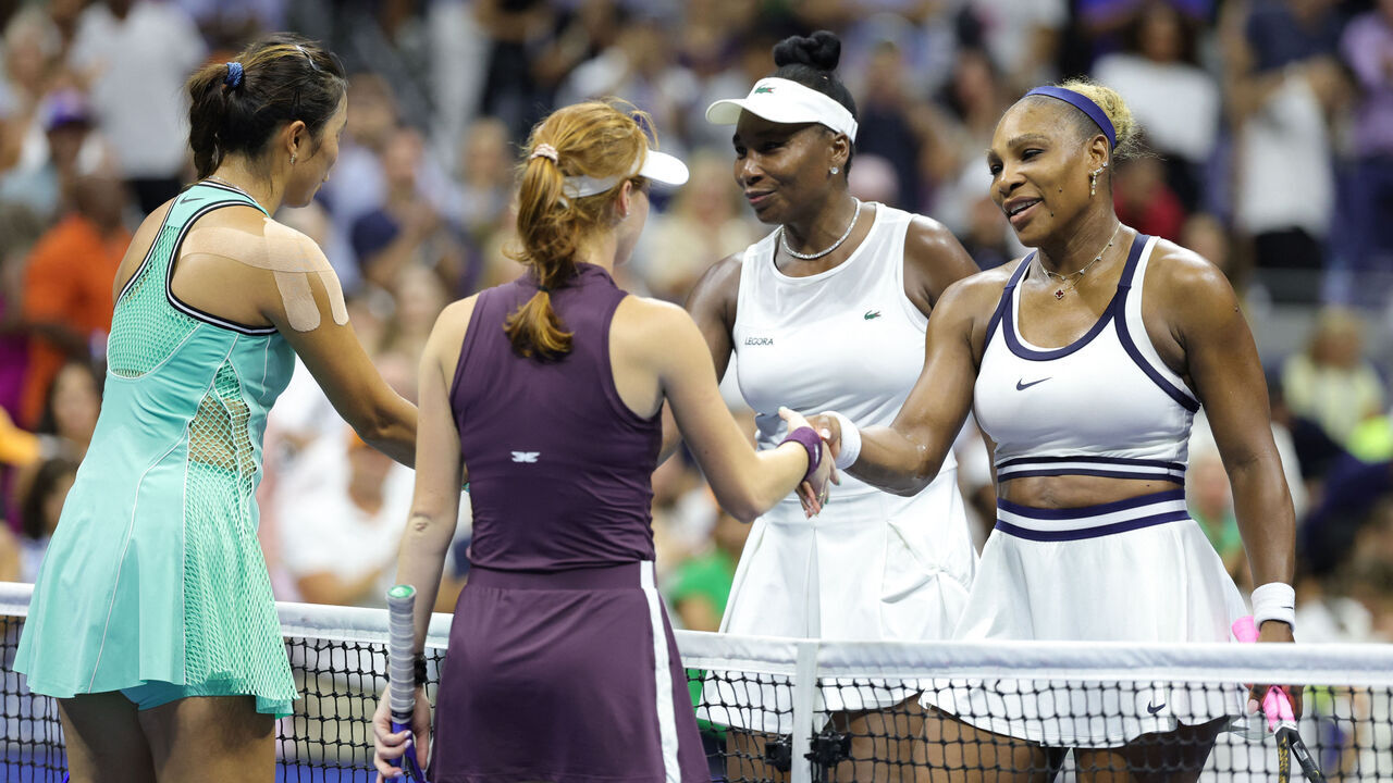 USA's Serena Williams (R) and her sister Venus Williams (2R) shake hands with Australia's Maya Joint (2L) and Taiwan's Chan Hao-ching (L) after losing their women's doubles first-round tennis match on day six of the US Open tennis tournament at the USTA Billie Jean King National Tennis Center in New York City on September 4, 2026.