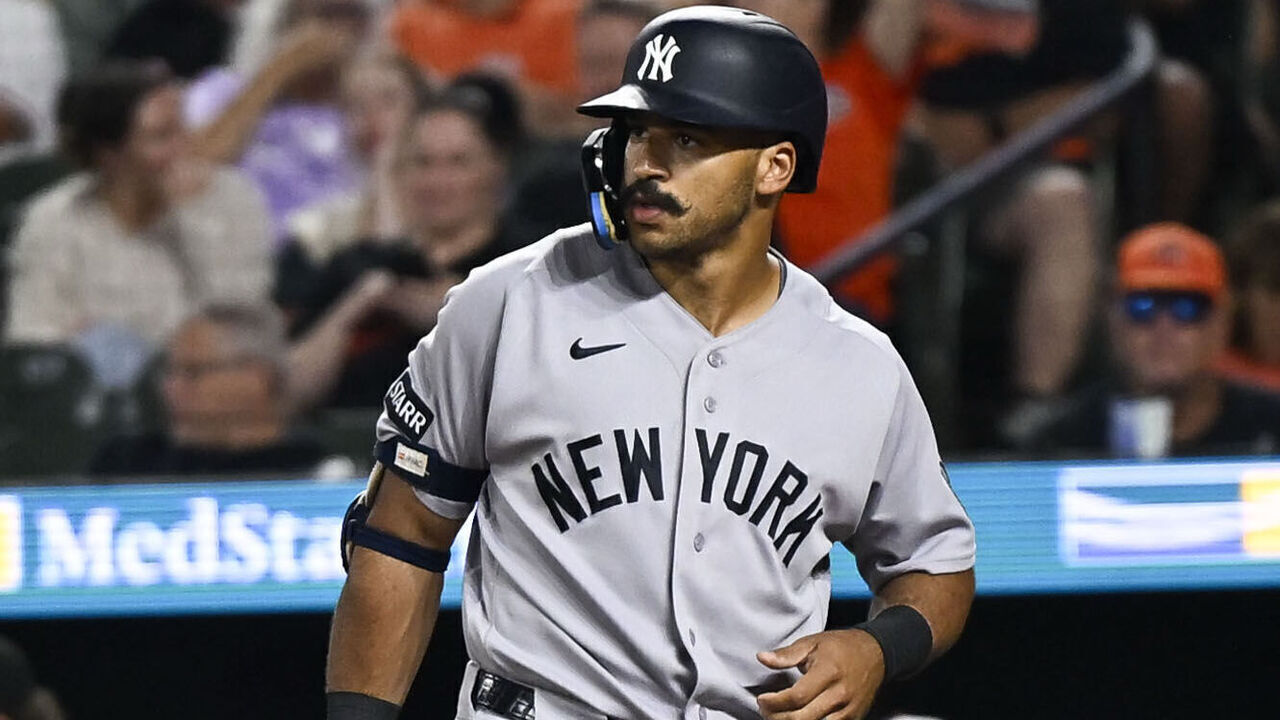 BALTIMORE, MD - AUGUST 20: Trent Grisham #12 of the New York Yankees looks on during the game between the New York Yankees and the Baltimore Orioles at Oriole Park at Camden Yards on Thursday, August 20, 2026 in Baltimore, Maryland.