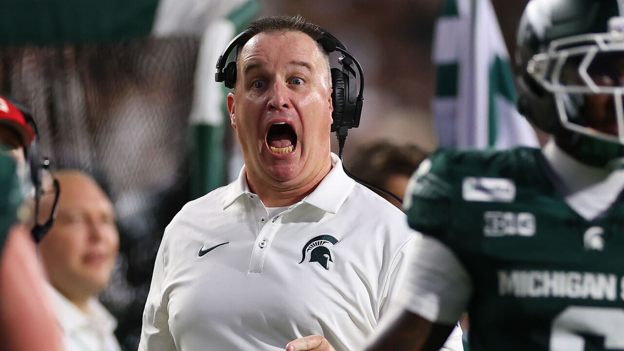 EAST LANSING, MICHIGAN - SEPTEMBER 04: Head coach Pat Fitzgerald of the Michigan State Spartans reacts in the first half while playing the Toledo Rockets at Spartan Stadium on September 04, 2026 in East Lansing, Michigan.