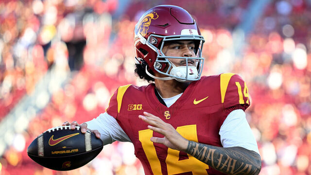 LOS ANGELES, CALIFORNIA - SEPTEMBER 04: Jayden Maiava #14 of the USC Trojans passes the ball during a stoppage in first quarter between the USC Trojans and the Fresno State Bulldogs in at Los Angeles Memorial Coliseum on September 04, 2026 in Los Angeles, California.