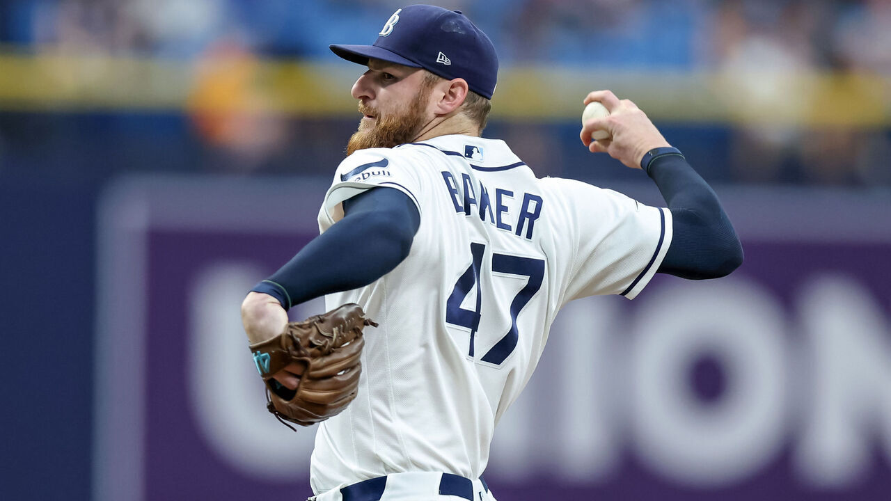 ST. PETERSBURG, FL - AUGUST 30: Bryan Baker #47 of the Tampa Bay Rays pitches against the San Diego Padres during a baseball game at Tropicana Field on August 30, 2026 in St. Petersburg, Florida.