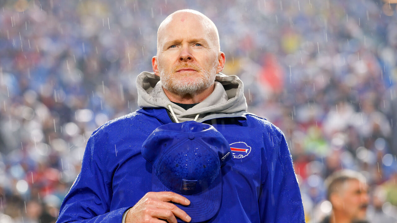 ORCHARD PARK, NEW YORK - DECEMBER 28: Sean McDermott of the Buffalo Bills stands for the national anthem prior to the game against the Philadelphia Eagles at Highmark Stadium on December 28, 2025 in Orchard Park, New York.
