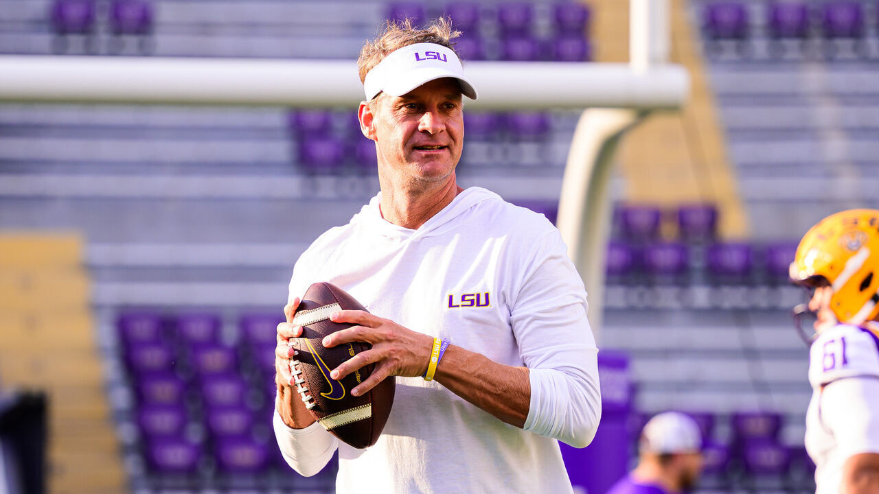 BATON ROUGE, LOUISIANA - AUGUST 29: Head coach Lane Kiffin of the LSU Tigers in action during fall practice at Tiger Stadium on August 29, 2026 in Baton Rouge, Louisiana.