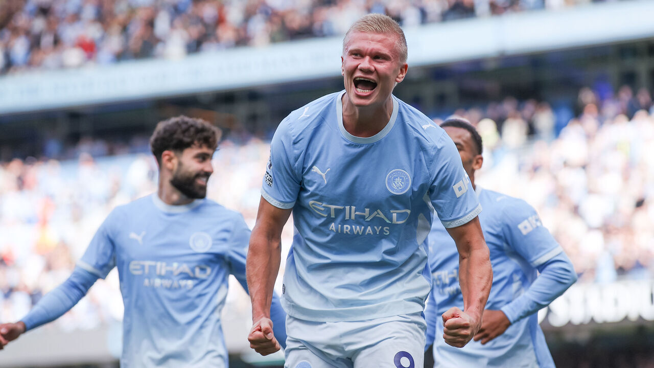 MANCHESTER, ENGLAND - SEPTEMBER 05: Erling Braut Haaland of Manchester City celebrates after scoring their side's first goal during the Premier League 2026/27 match between Manchester City and Coventry City at Etihad Stadium on September 05, 2026 in Manchester, England.
