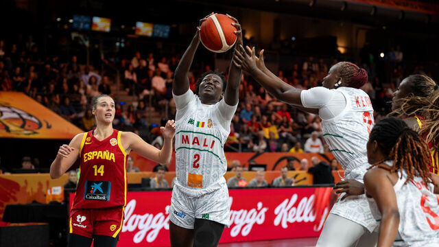 Aminata Sangare plays during the FIBA Women's Basketball World Cup 2026 match between Mali and Spain in Berlin, Germany, on September 5, 2026.