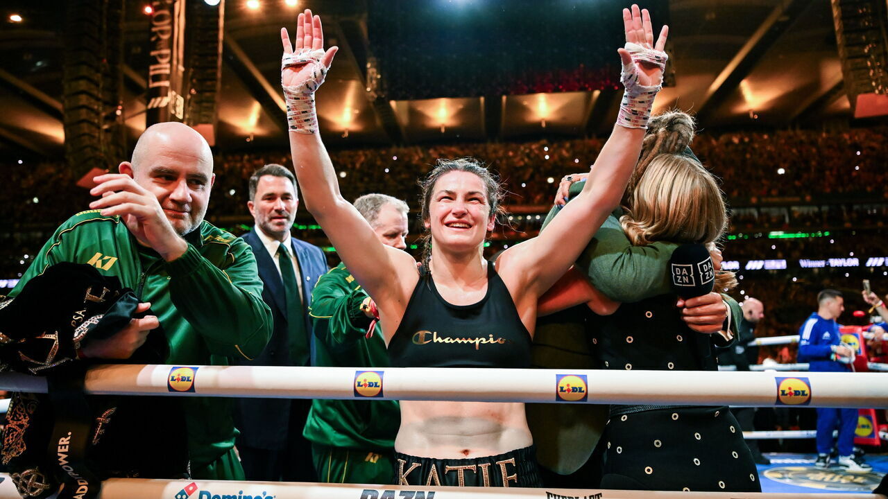 Dublin , Ireland - 5 September 2026; Katie Taylor celebrates after being declared victorious in her undisputed super lightweight championship fight with Flora Pili at the Once Upon A Time fight night in Croke Park, Dublin.