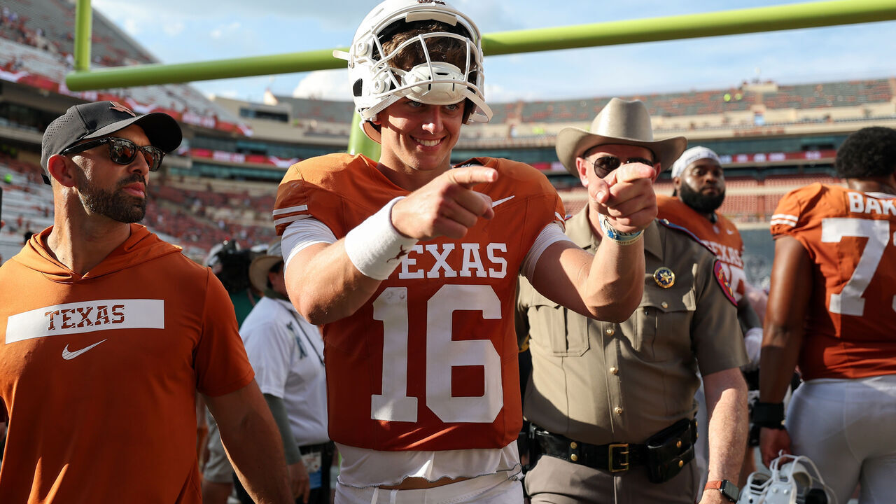 AUSTIN, TEXAS - SEPTEMBER 05: Arch Manning #16 of the Texas Longhorns reacts after defeating the Texas State Bobcats at Darrell K Royal-Texas Memorial Stadium on September 05, 2026 in Austin, Texas.