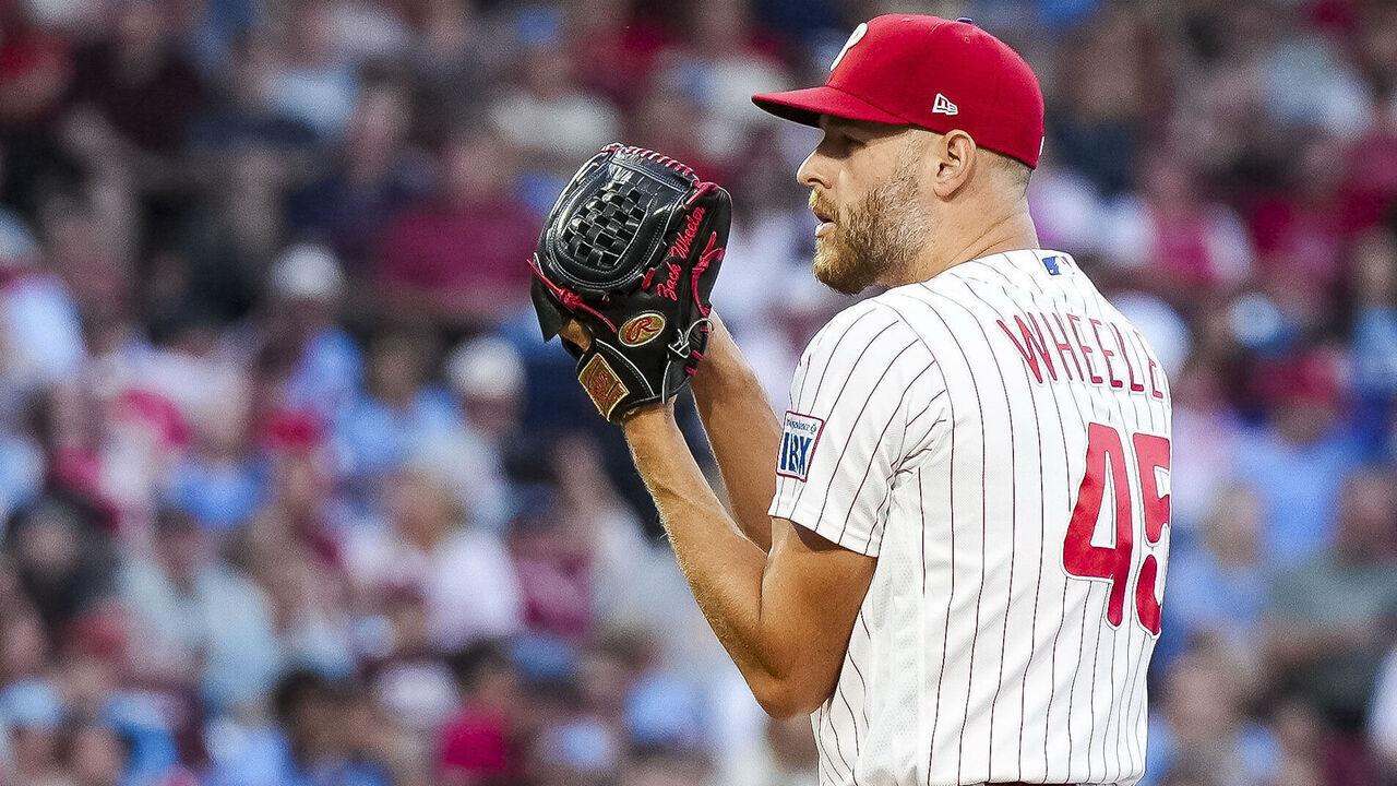 PHILADELPHIA, PA - SEPTEMBER 05: Zack Wheeler #45 of the Philadelphia Phillies takes the sign from the catcher during the game between the Atlanta Braves and the Philadelphia Phillies at Citizens Bank Park on Saturday, September 5, 2026 in Philadelphia, Pennsylvania.