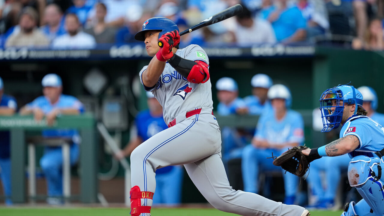 KANSAS CITY, MISSOURI - SEPTEMBER 05: Kazuma Okamoto #7 of the Toronto Blue Jays hits a double during the first inning against the Kansas City Royals at Kauffman Stadium on September 05, 2026 in Kansas City, Missouri.