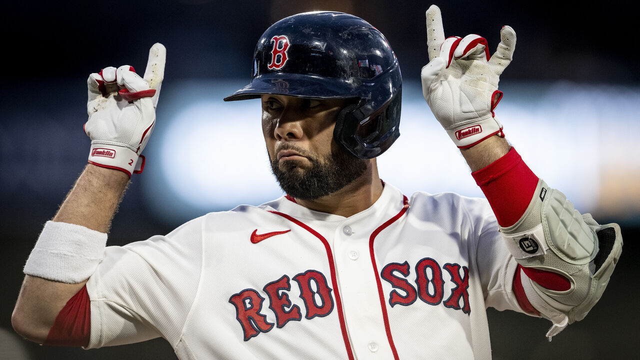 BOSTON, MASSACHUSETTS - JUNE 14: Isiah Kiner-Falefa #2 of the Boston Red Sox reacts after hitting a single during the second inning of a game against the Texas Rangers on June 14, 2026 at Fenway Park in Boston, Massachusetts.