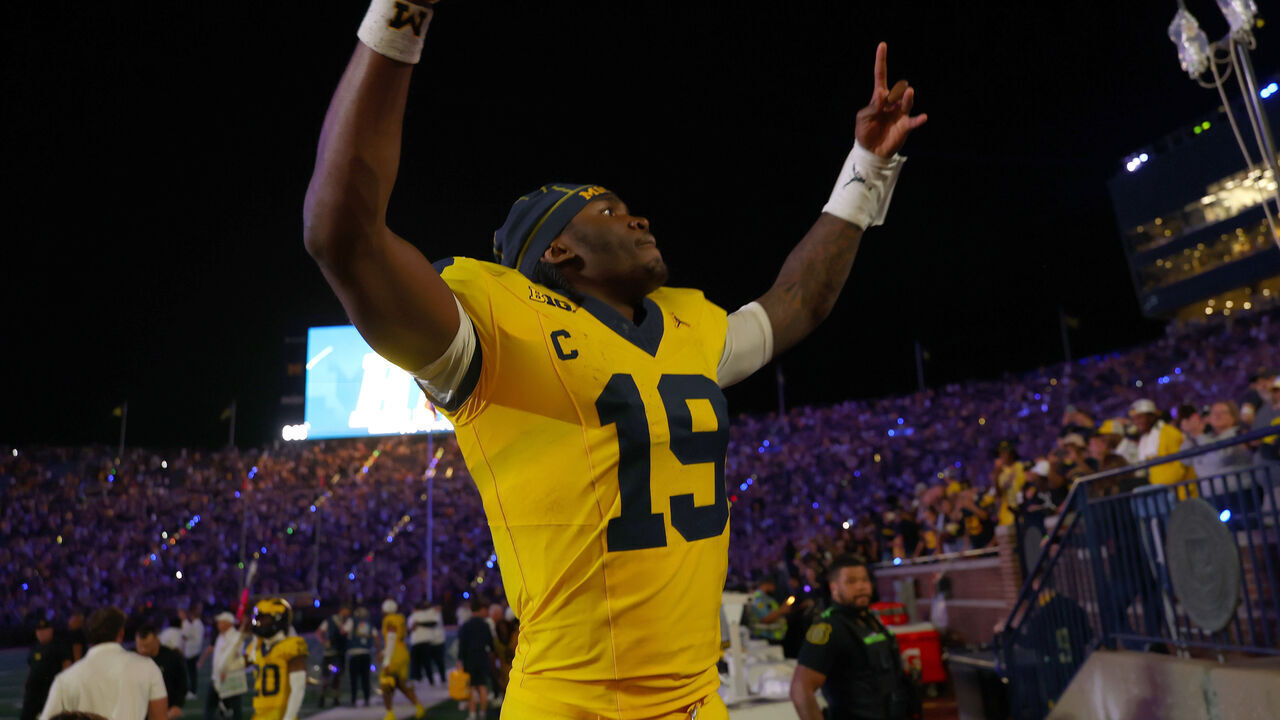ANN ARBOR, MICHIGAN - SEPTEMBER 05: Bryce Underwood #19 of the Michigan Wolverines celebrates after a 13-12 win over the Western Michigan Broncos at Michigan Stadium on September 05, 2026 in Ann Arbor, Michigan.